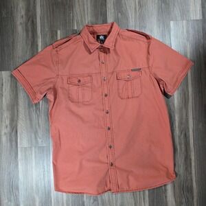 Rock & Republic Mens XL Short Sleeve Button Down Shirt Coral Military Epaulettes